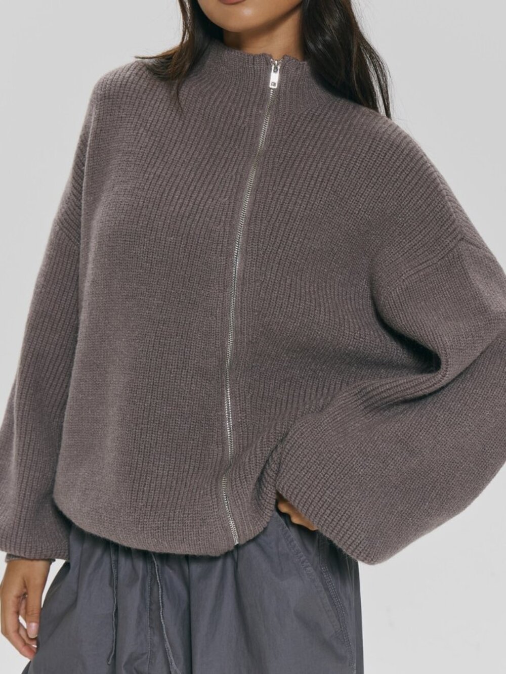 Grey Casual Women's Knit Zip Detail Jumper